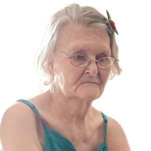 facility resident Mrs. A, older woman with blonde grey hair wearing glasses and teal tank top