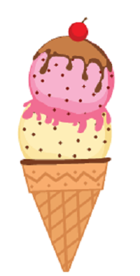 graphic of two scoop ice cream vanilla and strawberry with chocolate fudge and a cherry on top in a cone