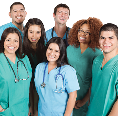 group of male and female nurses in green and blue scrubs