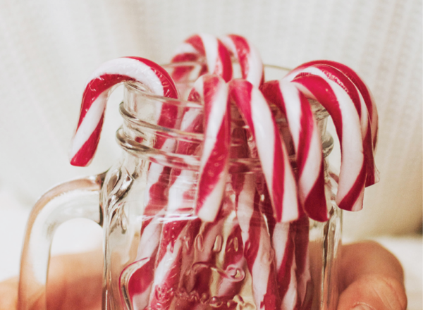 mason jar filled with peppermint candy canes