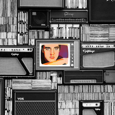 Black and white image of records on a wall. Centered is an old-style television with a vibrant colored image of Elvis Presley