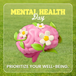 graphic depicting a pink brain covered in daisies for Mental Health Day Matters