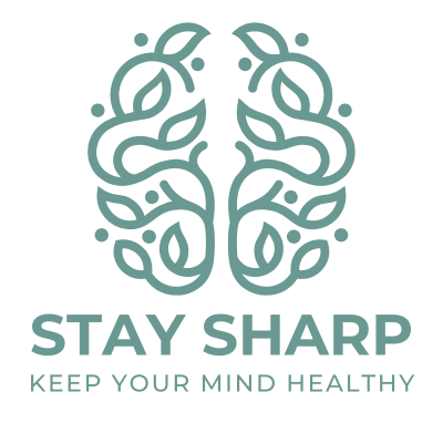 graphic, leafy vine in shape of human brain, text reads Stay Sharp, Keep your mind healthy